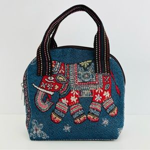 Elephant Embroidered Woven Top Handle Handbag, Zipper Closure, New Boutique Item